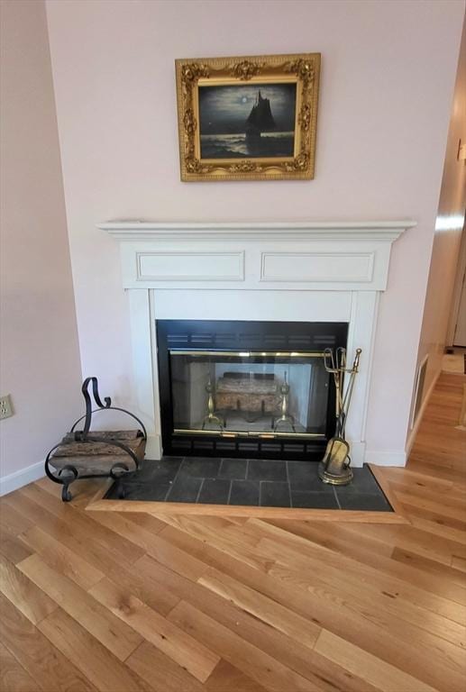 15 Iris Way Unit 27, Haverhill, MA 01830 - detailed view of a fireplace with flush hearth, wood finished floors, and baseboards