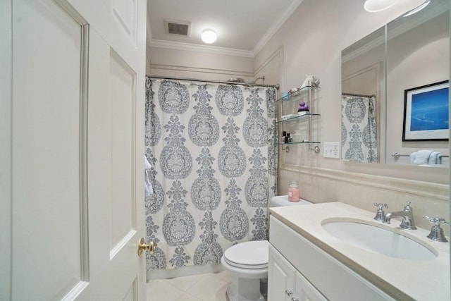 bathroom featuring vanity, tile patterned flooring, a shower with shower curtain, toilet, and ornamental molding