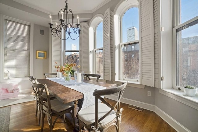 dining area featuring dark hardwood / wood-style floors, an inviting chandelier, and plenty of natural light