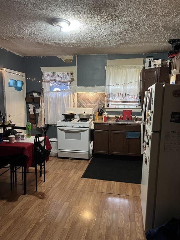 kitchen with light hardwood / wood-style flooring, white appliances, and sink