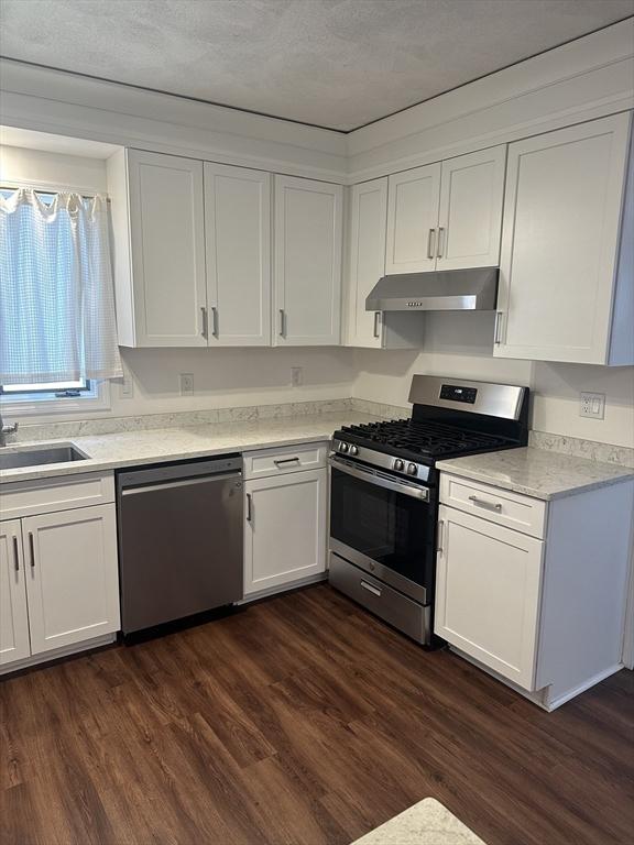 kitchen with appliances with stainless steel finishes, sink, white cabinets, and dark hardwood / wood-style flooring