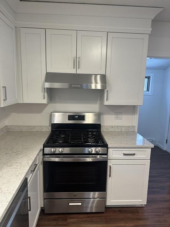 kitchen featuring white cabinetry, light stone countertops, stainless steel gas range, and dishwasher