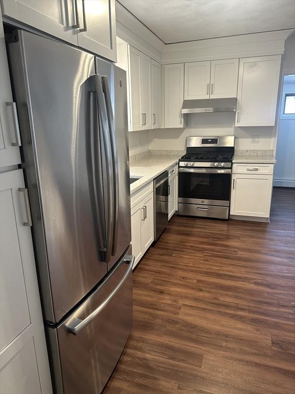 kitchen featuring light stone counters, stainless steel appliances, dark hardwood / wood-style floors, and white cabinets