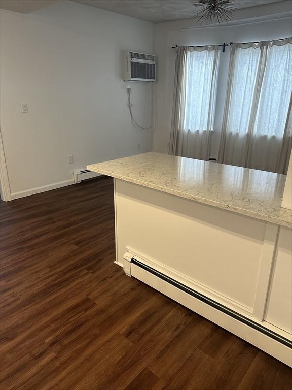 interior space with a baseboard radiator, a wall unit AC, and dark hardwood / wood-style floors