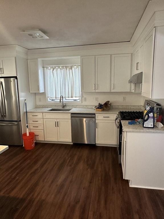 kitchen featuring stainless steel appliances, white cabinetry, sink, and dark hardwood / wood-style flooring