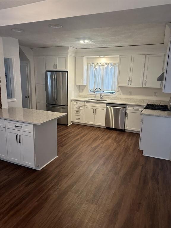 kitchen with white cabinetry, appliances with stainless steel finishes, dark hardwood / wood-style flooring, and sink