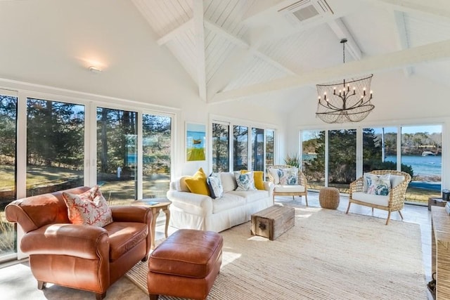 sunroom featuring vaulted ceiling with beams, a water view, visible vents, and a chandelier