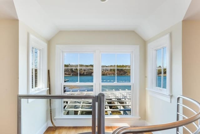 entryway featuring lofted ceiling, a water view, and plenty of natural light