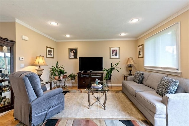 living room featuring recessed lighting, crown molding, and baseboards