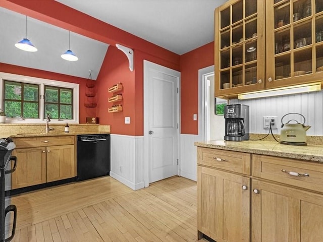 49 Fern Rd, Medford, MA 02155 - kitchen with dishwasher, a sink, light wood-style flooring, lofted ceiling, and a wainscoted wall