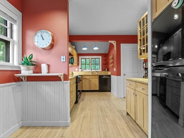 49 Fern Rd, Medford, MA 02155 - kitchen with black appliances, wainscoting, light wood finished floors, light countertops, and glass insert cabinets