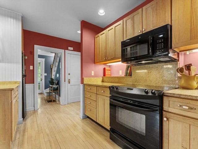49 Fern Rd, Medford, MA 02155 - kitchen featuring black appliances, light brown cabinetry, light wood-style flooring, backsplash, and recessed lighting