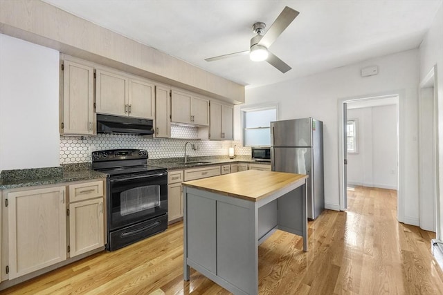 281 Chelsea St Unit 2A, Boston, MA 02128 - kitchen with appliances with stainless steel finishes, wooden counters, under cabinet range hood, tasteful backsplash, and a ceiling fan