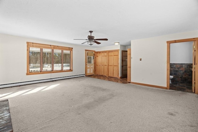 1210 Highland St, Holliston, MA 01746 - unfurnished living room with a baseboard radiator, ceiling fan, and light carpet
