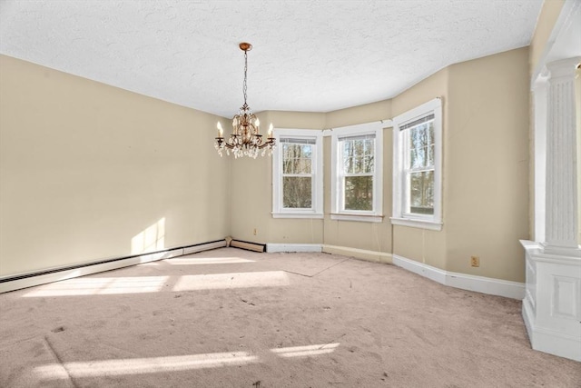 1210 Highland St, Holliston, MA 01746 - empty room with carpet floors, a chandelier, ornate columns, and a textured ceiling