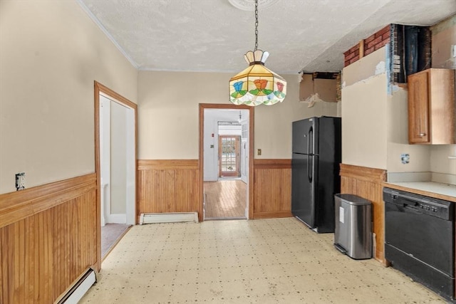 1210 Highland St, Holliston, MA 01746 - kitchen with black appliances, light flooring, a wainscoted wall, a baseboard radiator, and wood walls