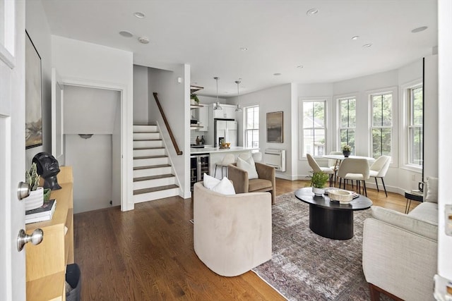 9 Cedar St Unit 1, Boston, MA 02119 - living room featuring stairs, wood finished floors, wine cooler, recessed lighting, and baseboards