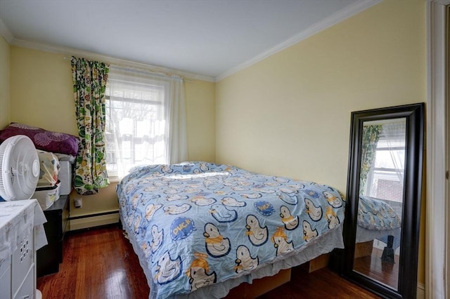 bedroom featuring a baseboard heating unit, ornamental molding, and dark hardwood / wood-style flooring