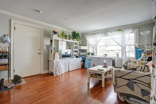 living room featuring crown molding and hardwood / wood-style floors