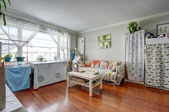 living room featuring hardwood / wood-style flooring and ornamental molding