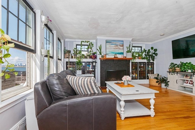 living room with light wood-style flooring, a fireplace, a wealth of natural light, and crown molding