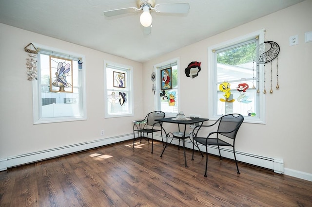 2 Garden St, Uxbridge, MA 01569 - dining area with wood finished floors, a ceiling fan, baseboards, and a baseboard heating unit
