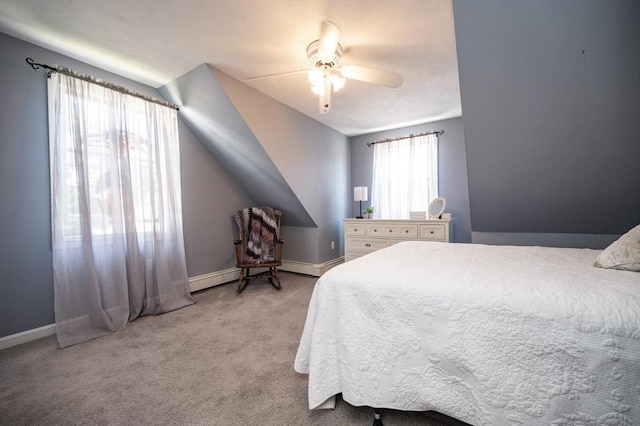 2 Garden St, Uxbridge, MA 01569 - carpeted bedroom with vaulted ceiling, baseboards, baseboard heating, and a ceiling fan