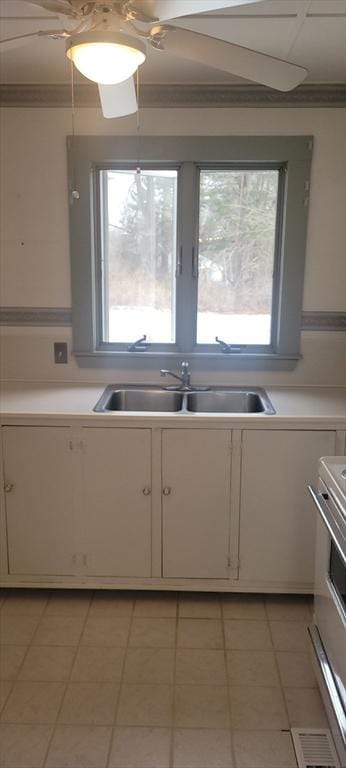 kitchen with sink, crown molding, plenty of natural light, and range