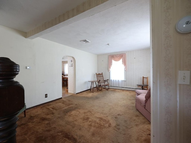 living area with arched walkways, wallpapered walls, baseboards, and carpet
