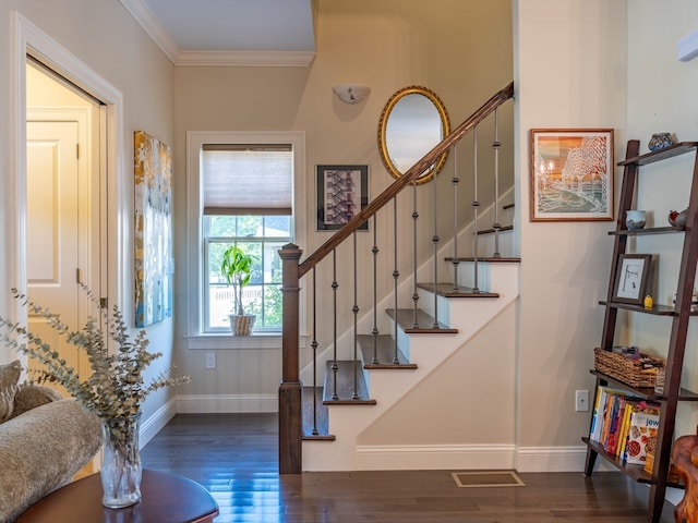 foyer with crown molding and dark hardwood / wood-style flooring