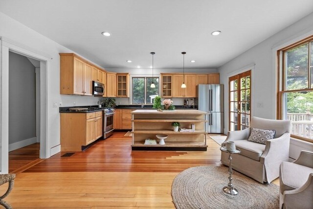 454 Webster St, Needham, MA 02494 - kitchen with stainless steel appliances, open floor plan, a center island, glass insert cabinets, and recessed lighting
