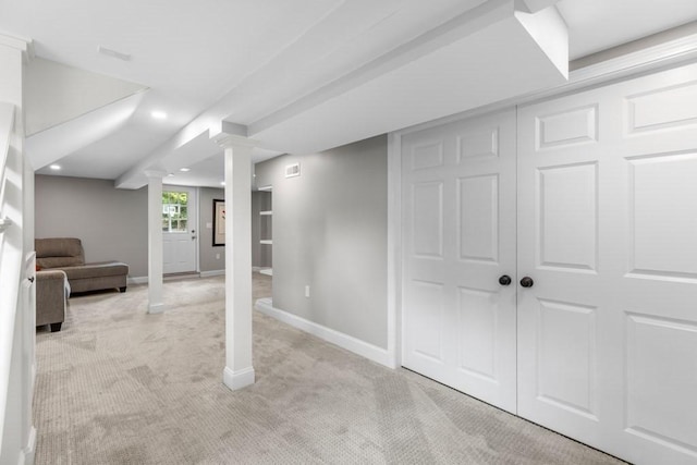 454 Webster St, Needham, MA 02494 - basement featuring light colored carpet, baseboards, and recessed lighting