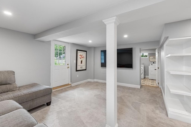 454 Webster St, Needham, MA 02494 - living area featuring washing machine and dryer, light carpet, recessed lighting, and baseboards