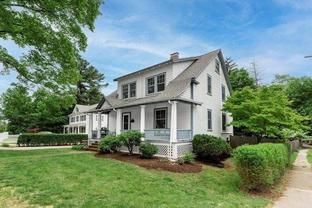 454 Webster St, Needham, MA 02494 - view of front of home with a porch, roof with shingles, and a chimney
