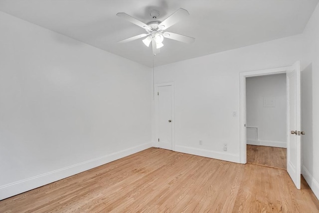 empty room featuring ceiling fan and light hardwood / wood-style flooring