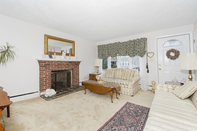 254 Pilgrim Ave, Worcester, MA 01604 - living room featuring carpet floors, a baseboard heating unit, and a fireplace