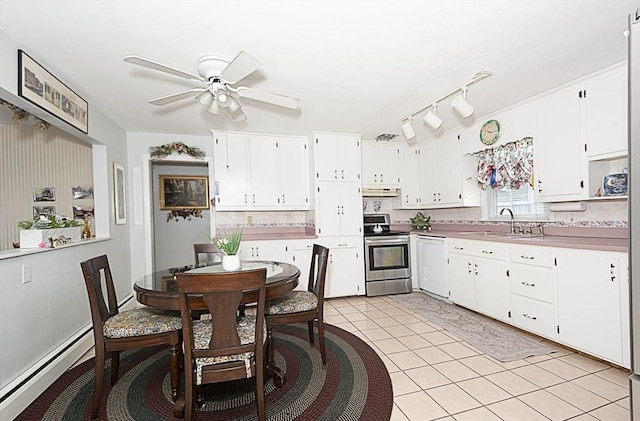 254 Pilgrim Ave, Worcester, MA 01604 - kitchen with stainless steel range with electric cooktop, a baseboard heating unit, dishwasher, under cabinet range hood, and a ceiling fan