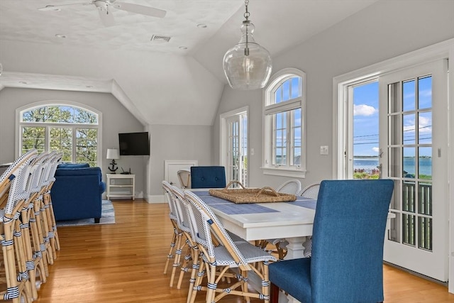 306 Millway, Barnstable, MA 02630 - dining room featuring light wood-type flooring, ceiling fan, lofted ceiling, and baseboards