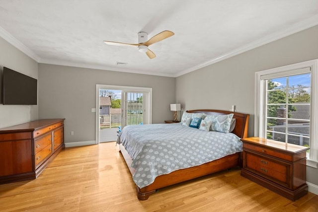 306 Millway, Barnstable, MA 02630 - bedroom with access to exterior, light wood finished floors, crown molding, baseboards, and a ceiling fan