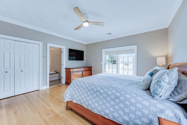 306 Millway, Barnstable, MA 02630 - bedroom with light wood-style flooring, crown molding, a ceiling fan, and a closet