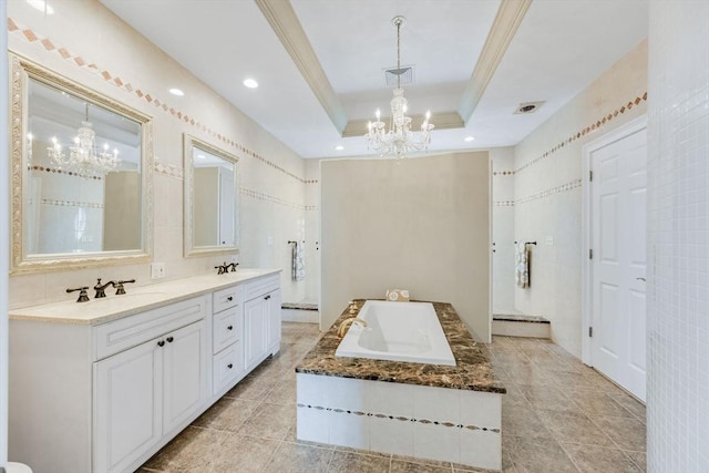 306 Millway, Barnstable, MA 02630 - full bathroom with a chandelier, a raised ceiling, double vanity, a bath, and crown molding