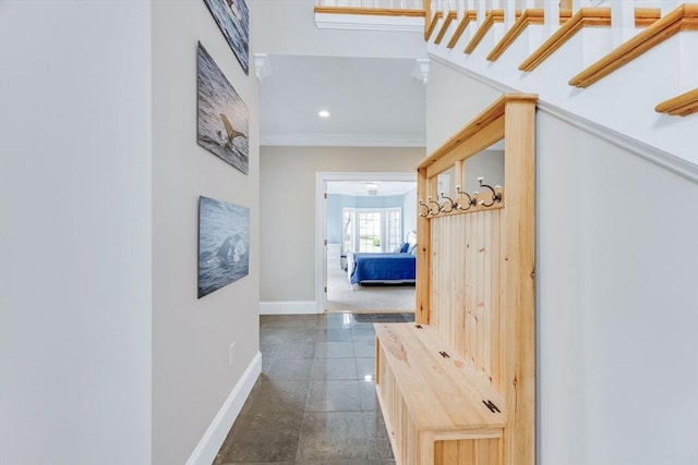 306 Millway, Barnstable, MA 02630 - hallway with baseboards, ornamental molding, recessed lighting, and dark tile patterned floors