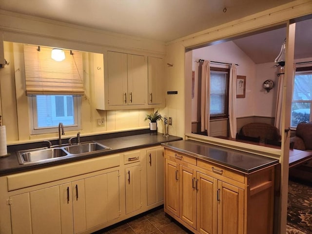 kitchen with lofted ceiling, sink, and dark tile patterned flooring