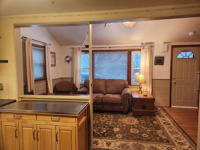 living room featuring plenty of natural light, dark hardwood / wood-style floors, and lofted ceiling