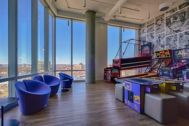 game room featuring hardwood / wood-style flooring, expansive windows, and a healthy amount of sunlight