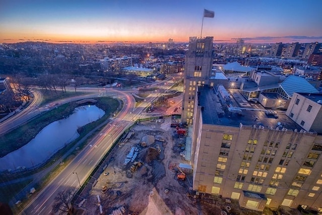 view of aerial view at dusk