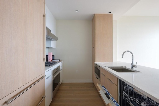 kitchen featuring light wood-type flooring, light brown cabinets, built in appliances, and sink