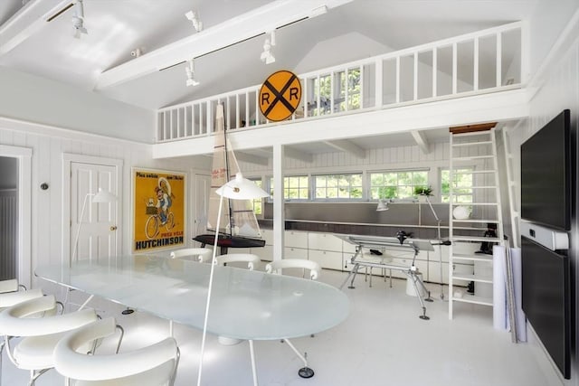 41 Cobbs Hill Rd, Chilmark, MA 02535 - living room with track lighting, lofted ceiling, and tile patterned floors