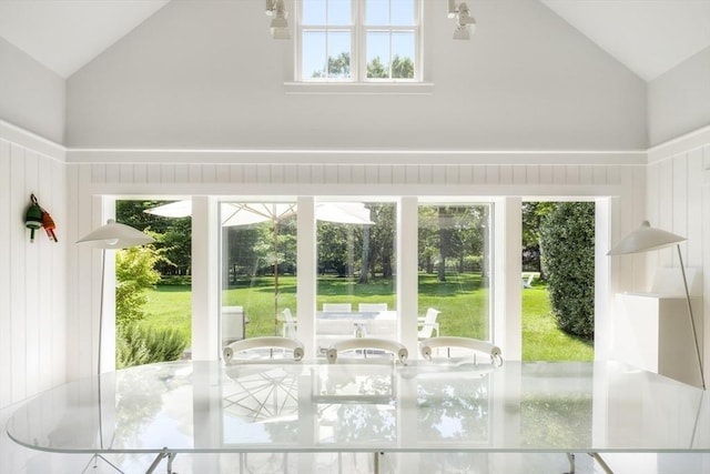 41 Cobbs Hill Rd, Chilmark, MA 02535 - doorway to outside with high vaulted ceiling and a decorative wall