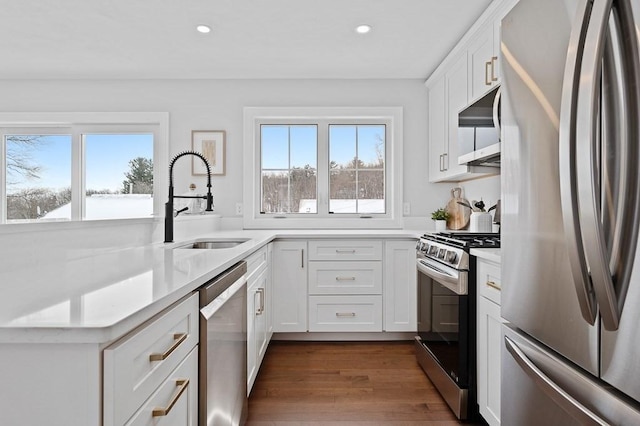 kitchen with sink, dark wood-type flooring, white cabinets, and appliances with stainless steel finishes